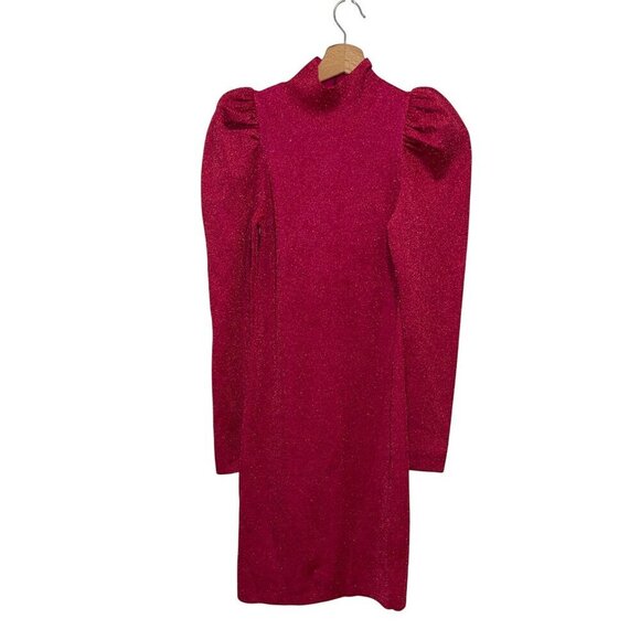 Alice and Olivia Issa Hot Pink Glitter Women's Size S Puff Sleeve Turtleneck Min - Picture 2 of 11
